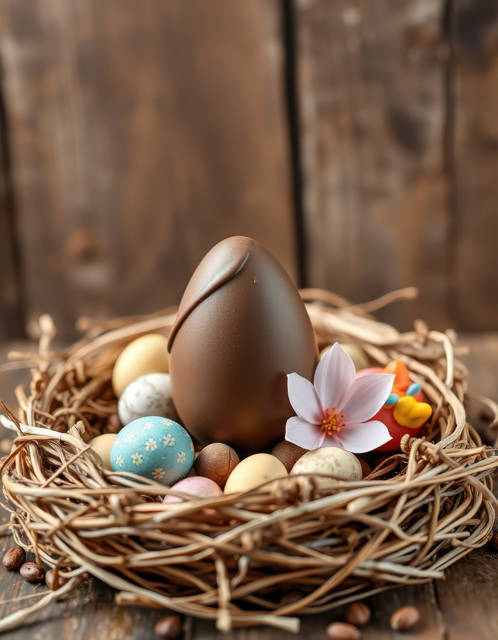 Chocolate Easter egg nestled in a rustic nest with decorative pastel eggs and flowers
